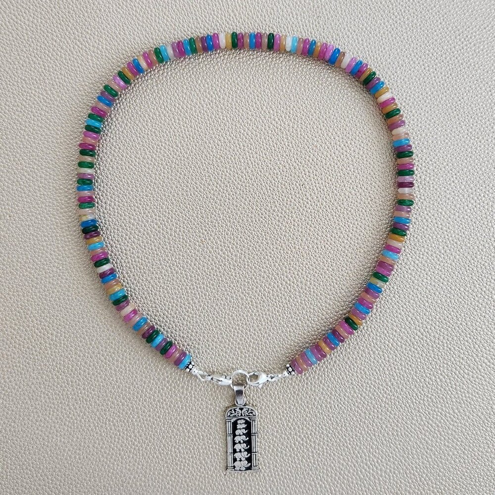 MINI BRIGHT MULTI-COLORED GEMSTONE NECKLACE W/ 925 ELEPHANT--16"